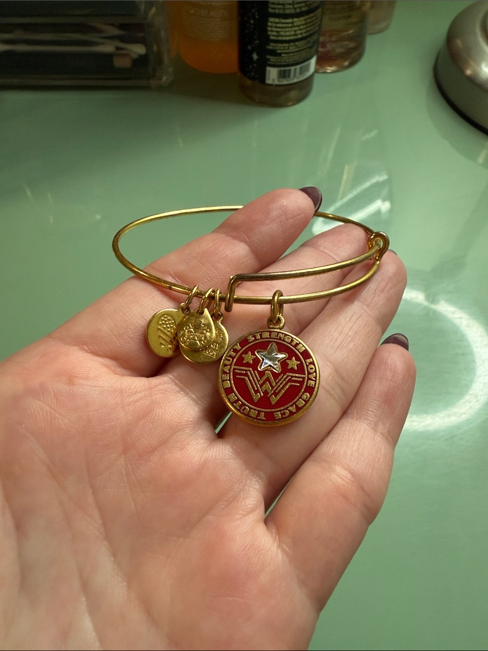 Alex and Ani Gold-Tone Bangle Bracelet with Red Enamel Wonder Woman Charm